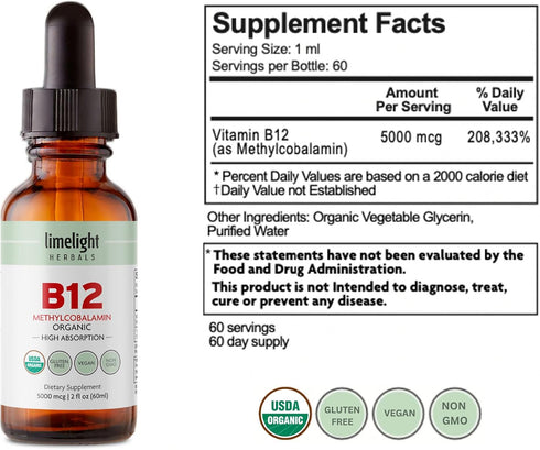 Organic Vitamin B12 Sublingual Drops, Extra Strength 5000 mcg Methylcobalamin, No Additives, Vegan Liquid B12 – Supports Energy Production, Nervou...