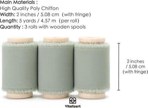 Vitalizart Dusty Green Chiffon Ribbon 2" x 15 Yd Sage Silk Like Handmade Frayed Edges Fringe for Wedding Invitations Bridal Shower Bouquets Gift W...