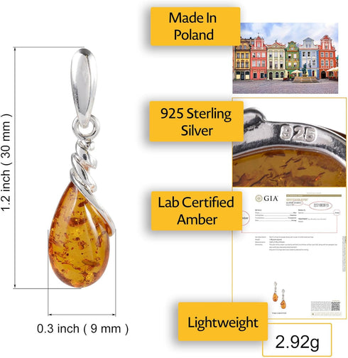 Amber Earrings - 925 Baltic Honey Amber Dangling Earrings "Eleanor" - GIA Certified - Gemstone Dangle Earrings - Sterling Silver Jewelry Collectio...