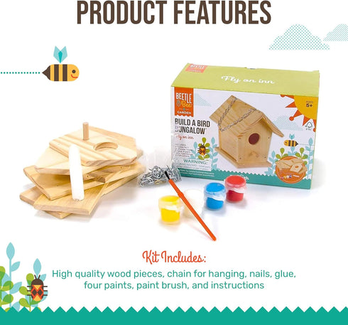 Beetle & Bee Build A Bird Bungalow - DIY Kid Art Craft Outdoor Birdhouse Kit, House Painting Kit for Kids, Hardware Glue Included- 4 Paints, 1 Bru...