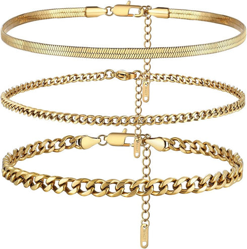 CANDYFANCY Gold Ankle Bracelets for Women Waterproof Flat Mariner Cuban Rope Snake Anklet Set Layered18K Gold Plated Foot Chain Adjustable Cuban L...