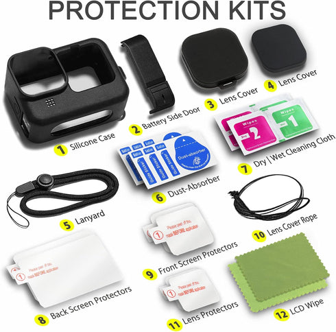 Accessories Kit for Go Pro Hero 12/11/10/9 Black,Silicone Sleeve Protective Case with Rubber Lens Cover+Screen Protector+Battery Side Cover+Lens C...
