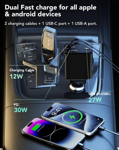 HATALKIN Retractable Car Charger 4 in 1, 69W Fast Car Phone Charger, 2 Retractable Cables and USB C Car Charger, Car Charger Adapter for iPhone 16...