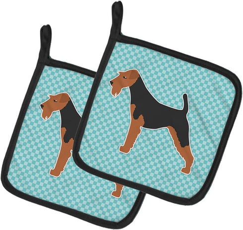 Caroline's Treasures BB3685PTHD Welsh Terrier Checkerboard Blue Pair of Pot Holders Kitchen Heat Resistant Pot Holders Sets Oven Hot Pads for Cook...