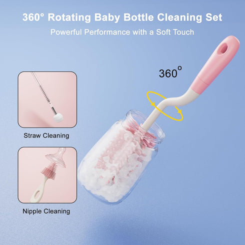 Silicone Bottle Brush Set with Stand, 360° Rotating Silicone Bottle Cleaning Brush Cleaner Set, Long Handle 3 in 1 multipurpose Silicone Baby Bott...