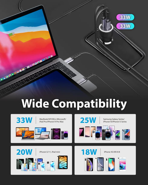 Gigastone USB C Car Charger 66W Fast Car Charger Adapter, PD3.0, Dual Port, Super Mini, Compatible with iPhone 15,14,13,12,11,X,SE,8, Galaxy S22,S...