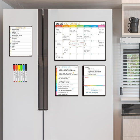 CLEVER CLEAN Magnetic Dry Erase Monthly Calendar Set - 14.5"x11" Monthly Calendar, 6.5"x8.5" Weekly, Daily, List Boards for Fridge - 6 Extra Fine ...