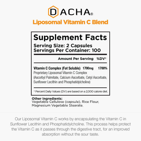 DACHA Natural Liposomal Vitamin C - 1700mg, 200 Capsules, Immune System & Collagen Booster, High Absorption Fat Soluble VIT C, Buffered, Skin Vita...