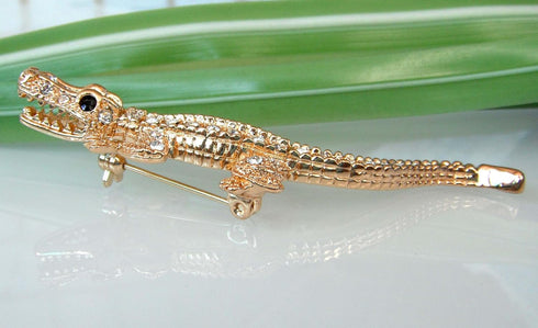 Navachi 18k White Gold Plated White Crystal Crocodile Alligator Az7262 Brooch Pin...
