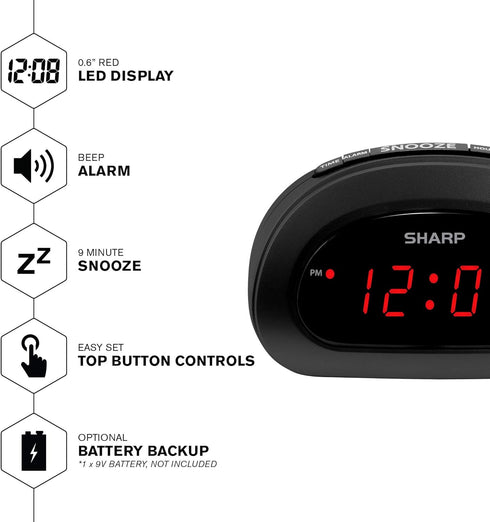 Sharp Small, Space-Saving Digital Alarm Clock – Compact Bedside Clock with Large Red LED Display, Easy Top Button Controls, Snooze, and Battery Ba...