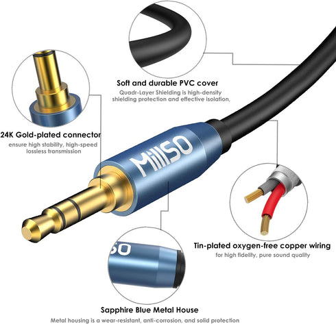 MillSO Audio Splitter, Female to 2 Male 3.5mm TRS Audio Splitter, 8 Feet SapphireBlue&Gold-Plated Stereo Jack Headphones Adapter Cable for Smartph...
