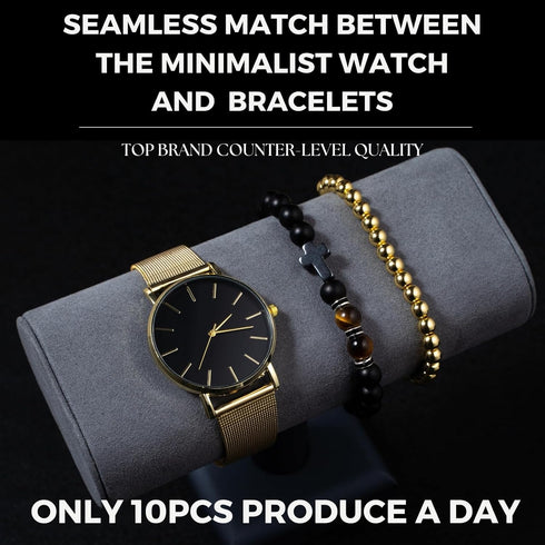 Halukakah Minimalist Stainless Steel Men's Watch - 24k Real Gold Plated/Platinum Plated Silver/Rhodium Plated Black Watch Band,Black Dial.Comes wi...