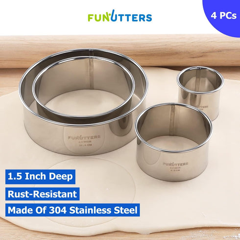 Cookie Cutter Set, 4 Pc. Kit, Measuring 1.5'', 2.5'', 3.5'', and 4.5'', Round Metal Baking Rings for Pastry, Biscuits, and Dough Cutting, Heavy Du...