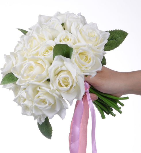 Artificial Flowers Rose Bouquet 2 Pack Fake Flowers Silk Plastic Artificial White Roses 18 Heads Bridal Wedding Bouquet for Home Garden Party Wedd...