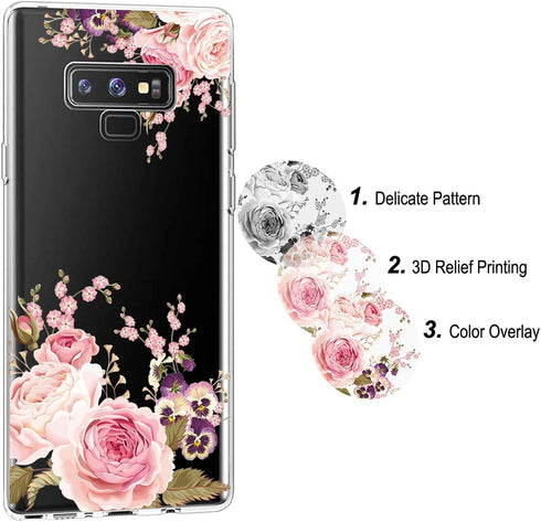 Case for Galaxy Note 9, Slim Shockproof Clear Soft Flexible TPU Phone Protective Case Cover for Samsung Galaxy Note 9 (Rose Flower)...