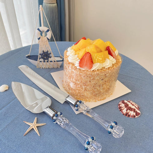 FISHBONE Stainless Steel Wedding Cake Knife and Server Set with Delicated Nautical Blue Rings Design - Perfect Cake Cutting Set for Weddings and S...