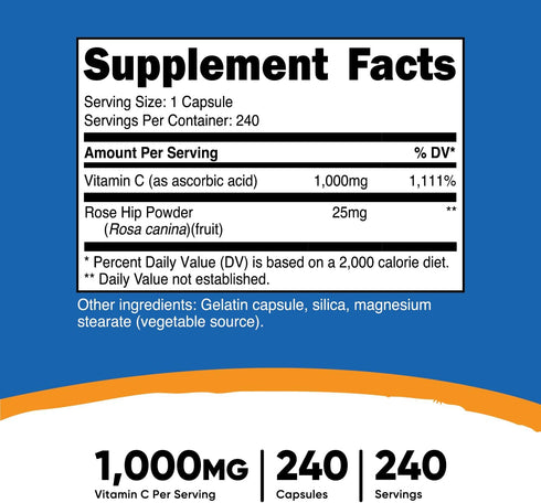 Nutricost Vitamin C with Rose Hips 1025mg, 240 Capsules - Vitamin C 1,000mg, Rose hips 25mg, Premium, Non-GMO, Gluten Free Supplement...