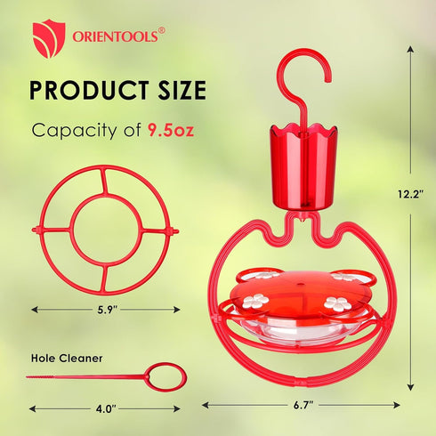 ORIENTOOLS Hummingbird Feeders for Outdoors Hanging 9.5 oz Plastic Humming Birds Feeders with Ant Moat friendly to nature and Wild Birds with 4 Fl...