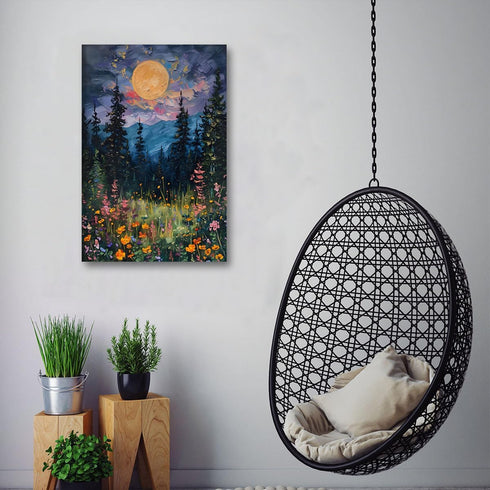 Generic Moon above the wildflowers and woodland art print poster full moon above nature oil painting Dark Forest Landscape Pictures for Farmhouse ...