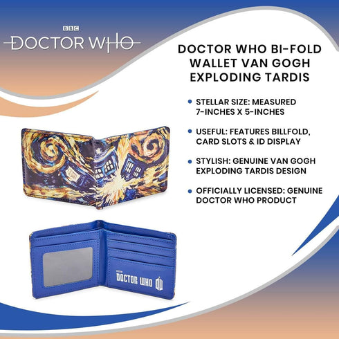 Doctor Who Bi-Fold Wallet Van Gogh Exploding TARDIS - Vinyl Men's Novelty Pocket Storage With Billfold, Card Slots & Clear ID Display - Features B...