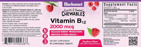 Bluebonnet Nutrition Earth Sweet Vitamin B12 2000 mcg Chewable Tablets, Soy-Free, Gluten-Free, Kosher Certified, Dairy-Free, Vegan, Raspberry Flav...