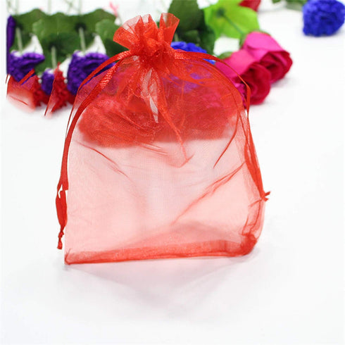 50 Pc 5x7 inch Gift Wrap Bags Red,Organza Sheer Fabric,Drawstring Glossy Pastel Treat Bags for Baby Shower Favor,House Party Favors,Bridal Shower ...