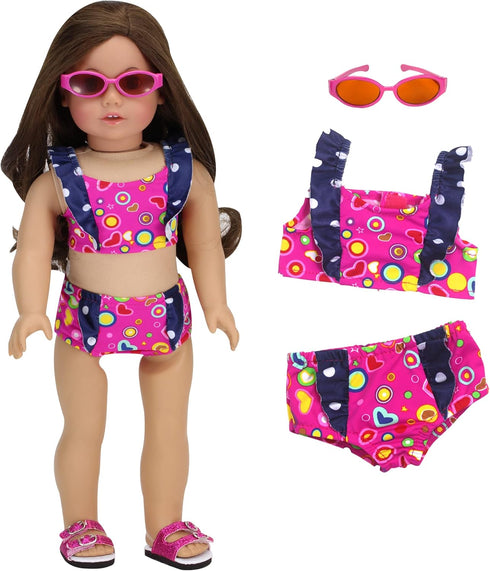Sophia's 18" Doll 3 pc. Hot Pink Print with Navy Ruffle 2 pc. Swimsuit and Sunglasses...