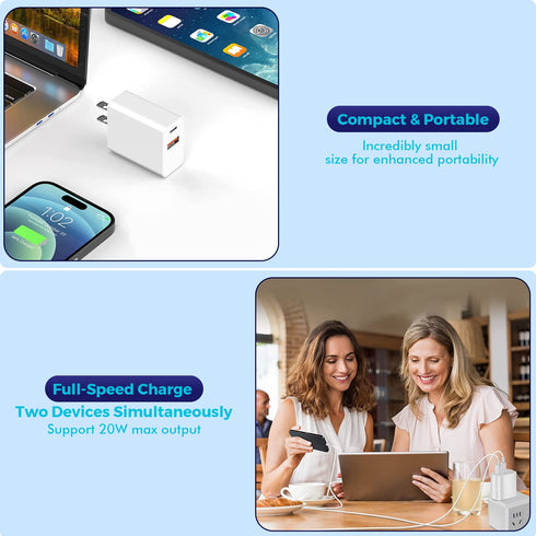 iPhone 15 Charger Block, 2Pack 20W Dual Port PD Fast USB C Wall Charger Adapter + USB A Quick Charging Brick Plug Compatible with iPhone 15/14/13/...