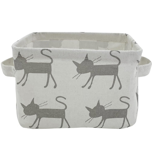 Mziart Small Foldable Canvas Storage Basket with Handles, Cotton Linen Storage Bin Organizer for Nursery Kids Shelves & Desks (Grey Cat)...