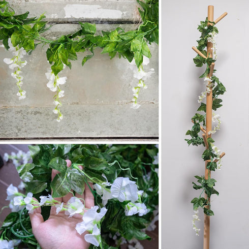 Mavee Artificial Wisteria Vine Garland Hanging Decor - 28.8ft Silk Flowers with Ivy Leaves (4x7.2ft) for Wedding, Home Floral Arrangements - White...