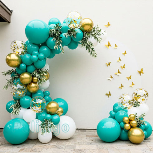 Teal Balloon Garland Kit with Gold Butterflies – Turquoise, Blue and Green, White & Gold Balloons in 18", 12", 5" Sizes – for Graduation, Baby Sho...