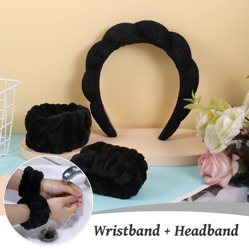 Sponge Spa Headband for Women, Black Makeup Headband and Wrist Washband Set for Face Washing, Skincare, Shower, Makeup Removal...