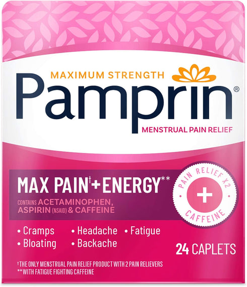 Pamprin Maximum Strength Max Formula, with Acetaminophen, Menstrual Period Symptoms Relief for Cramps, Headache, Pain and Bloating, 24 Caplets...