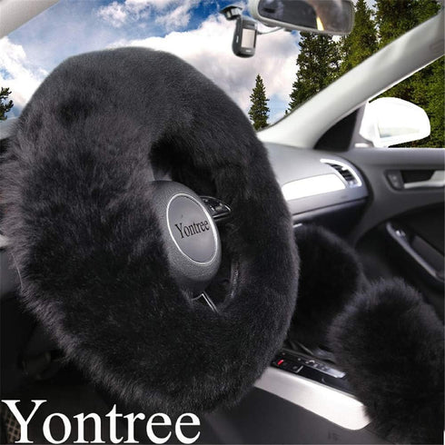Fashion Fluffy Steering Wheel Covers for Women/Girls/Ladies Australia Pure Wool 15 Inch 1 Set 3 Pcs (Black)...