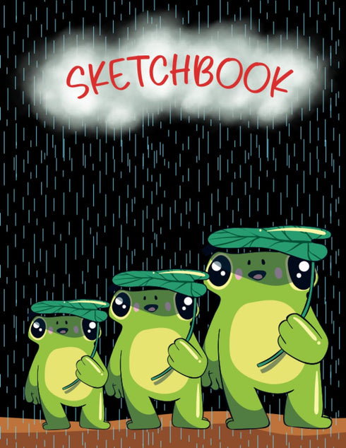 Frogs Sketchbook : 120 blank pages for drawing and sketching, Black cover with three frogs on a rainy day for art lovers...