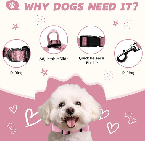 Pink Dog Collar and Leash Set for Medium Dogs Soft and Breathable of 90% Rayon from Bamboo and 10% Polyester Comfortable Skin-Friendly, Adjustable...