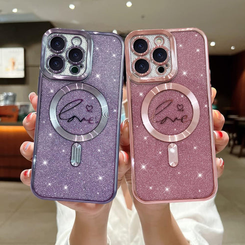 Phone Case for iPhone 15 Pro Magnetic Glitter Clear Case, Luxury Plating Love Heart Design, Full Camera Lens Protector TPU Protective Case for Wom...