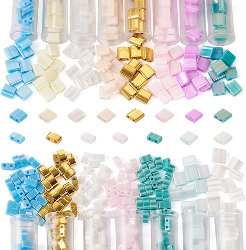 395Pcs 5mm Tila Beads Glass Seed Beads 15 Styles Golden Square Beads 2 Hole Tile Beads Rectangle Pastel Carrier Beads Kit for DIY Crafts Bracelets...