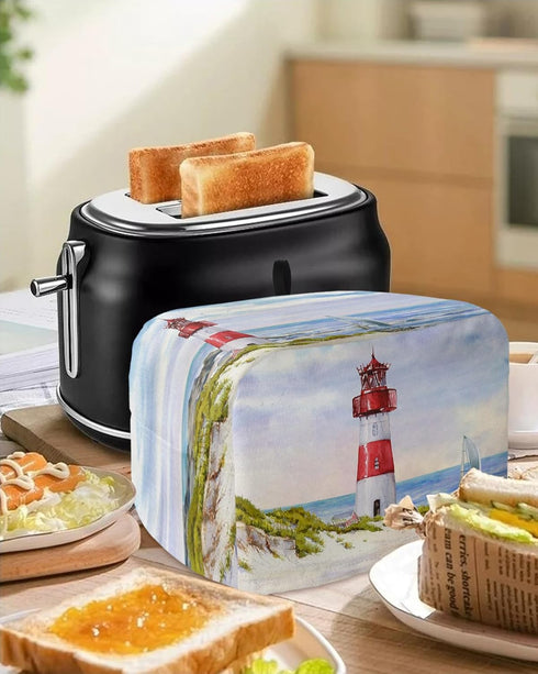 Coastal Lighthouse Toaster Cover 2 Slice, Small Kitchen Appliance Covers, Watercolor Blue Sky Sea Summer Beach Nautical Toaster Oven Cover with Lo...