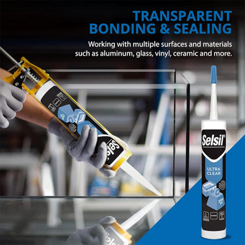 SELSIL Ultra Crystal Clear Mounting Adhesive & Sealant - Indoor & Outdoor Adhesive Tough & Flexible Construction Adhesive, 100% Transparent Bondin...