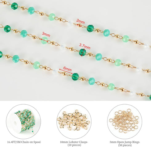 KYUNHOO 16.4 Feet Mixed Color Beads Jewelry Chains Link Gold Plated Brass Chain Spool Colorful Rosary Beading Fun Necklace Chains Bulk Jewelry Mak...
