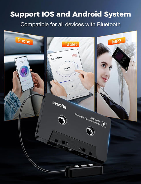 arsvita 5.1 Bluetooth Cassette Adapter, Car Audio Bluetooth Cassette Receiver, Cassette Bluetooth Adapter for Car Support Micro SD Card, Hands-Fre...