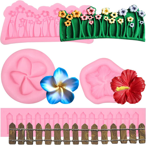 Mini Silicone Molds 4 Pcs, Flower Green Grass Garden Picket Fence Fondant Molds for Chocolate Peony Mold Cake Decoration Candy Cupcake Topper Birt...