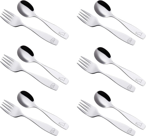 ANNOVA Children's Flatware 12 Pieces Set - Stainless Steel Silverware 6 x Safe Forks, 6 x Dinner Spoons - Kids Toddler Utensils Lunch Box (Engrave...