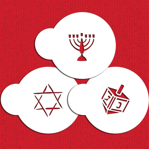 Designer Stencils Jewish Symbols Cookie and Cupcake Stencils, Small, (Dreidel, Star of David, Menorah), Beige/semi-transparent...