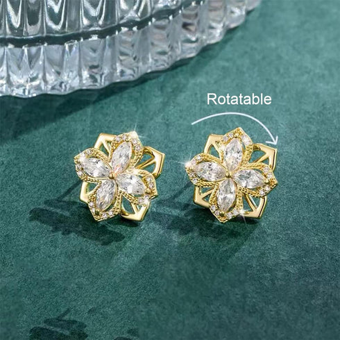 YOQUCOL Cubic Zirconia Crystal Rotatable Flower Shaped Golden Clip On Earrings Non Pierced Golden Stud for Women...