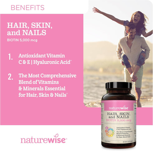NatureWise Hair Skin and Nails Vitamin, Biotin 5000mcg w/Hyaluronic Acid, Multivitamin for Women w/Vitamin C, Vitamin B Complex, Vitamin D, A, E -...