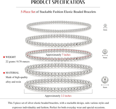 5Pcs Gold Beaded Bracelets 14K Gold Bracelets for Women Bracelet Stack Trendy Stretch Bead Bracelets Silver Bead Bracelet Dainty Jewelry for Women...