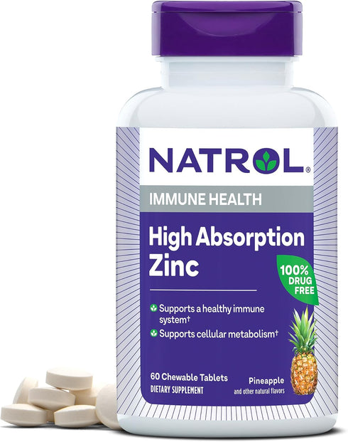 Natrol High Absorption Zinc 7.5 mg per serving, Dietary Supplement for Immune Health, Chewable Tablets for Adults, 60 Zinc Tablets, 60 Day Supply...