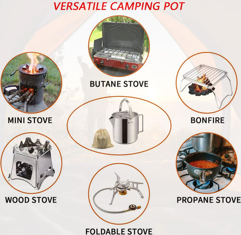 Camping Tea Kettle, Portable 1.2L Coffee Pot, Outdoors Camping Pot, with Handles and with Lids for Camping Hiking Picnic Camping, Backpacking, Sil...